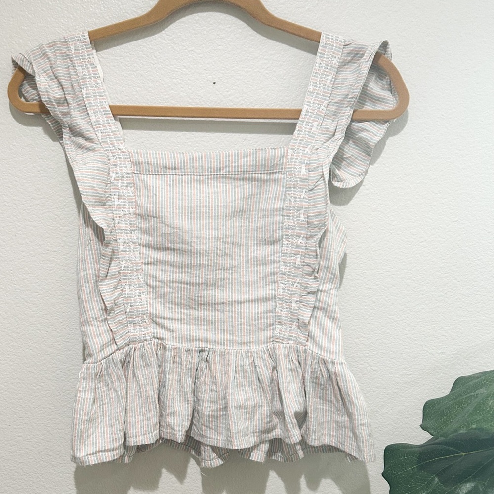 Japna ruffle sleeve square neck tank embroidered striped babydoll